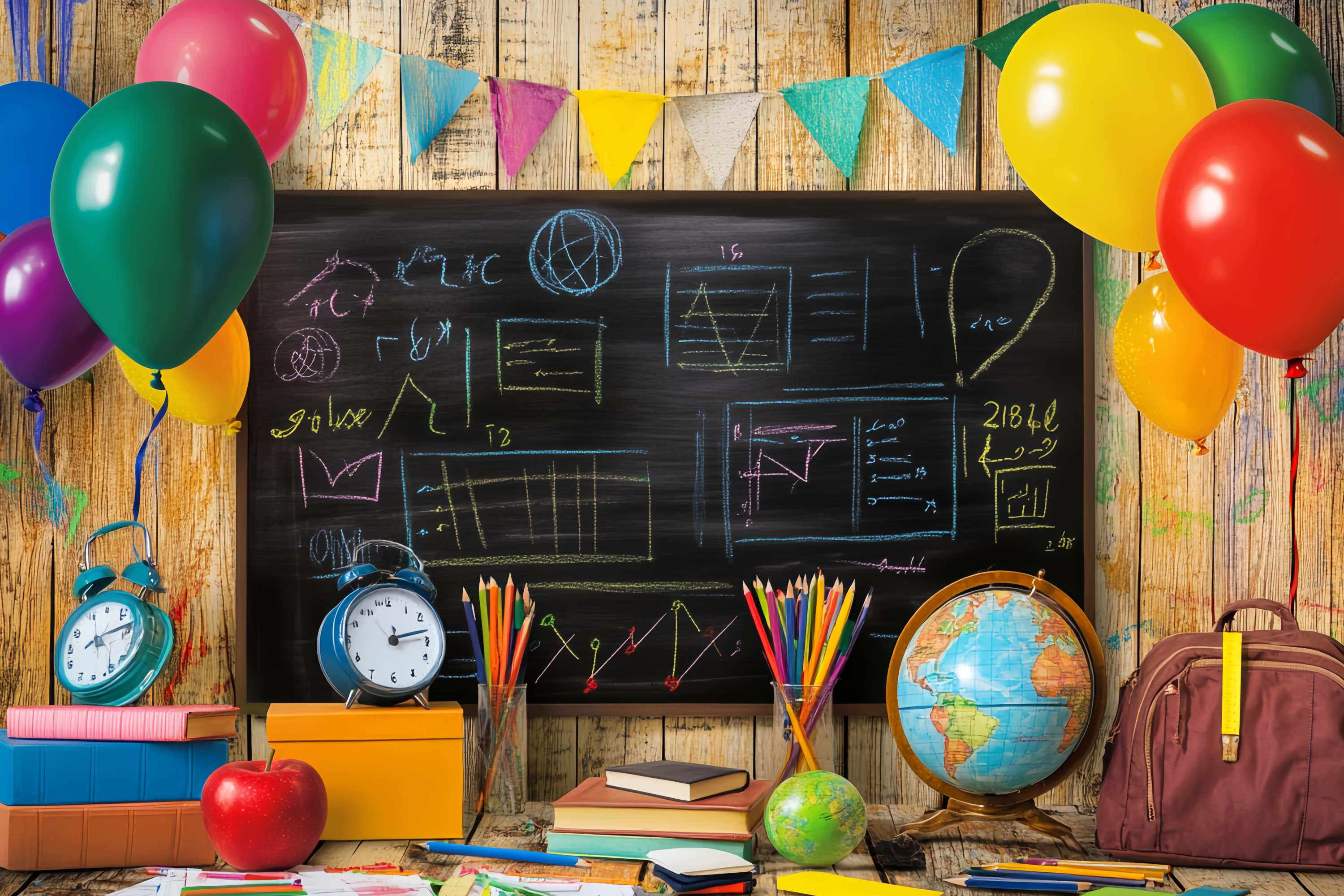 Toile de fond Tableau Noir Ballons Colorés Fournitures Scolaires Rentrée LXX58-149