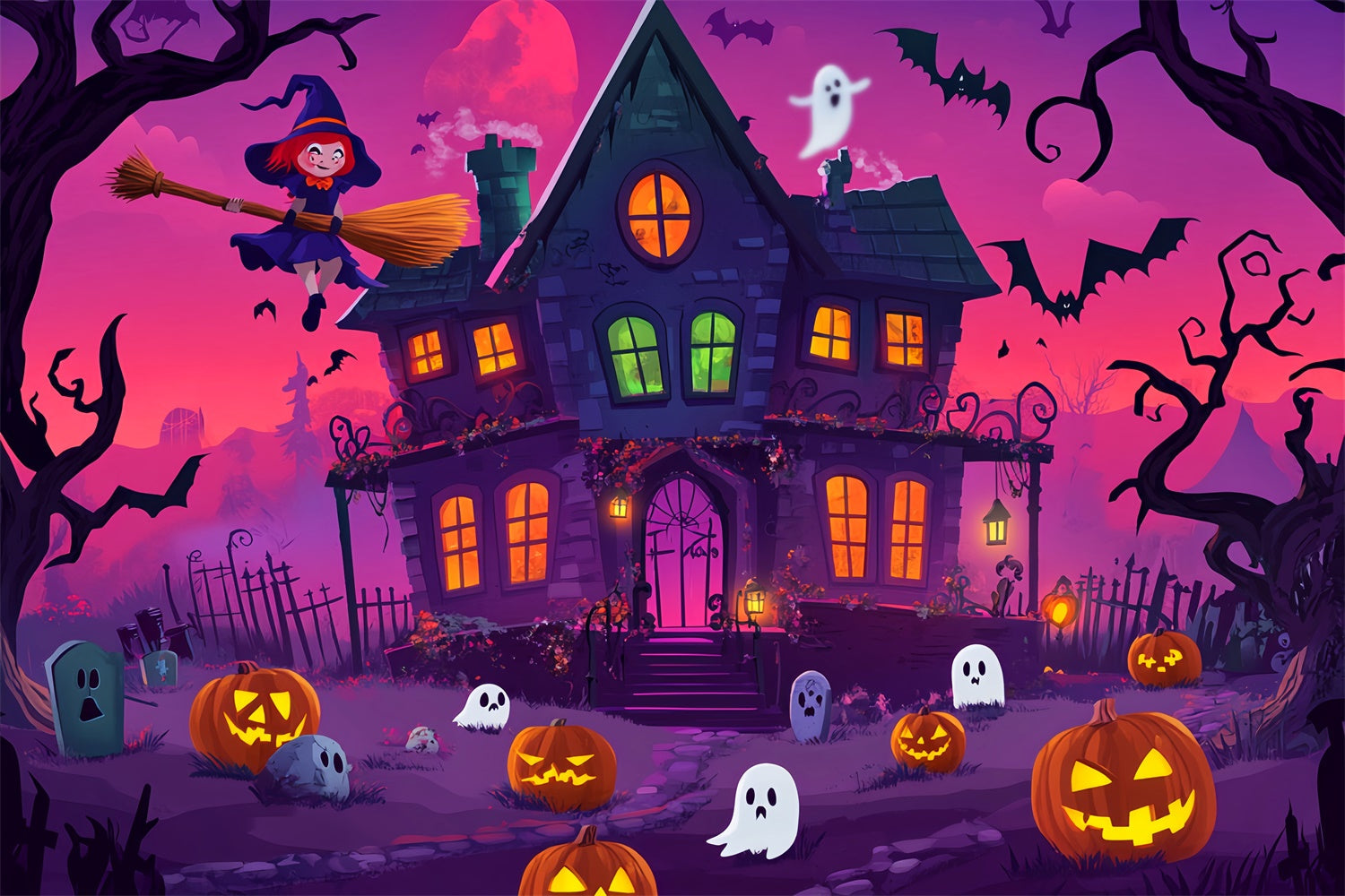 Fond de photo halloween Nuit Enchantée Dessin Animé Manoir Hanté LXX58-15