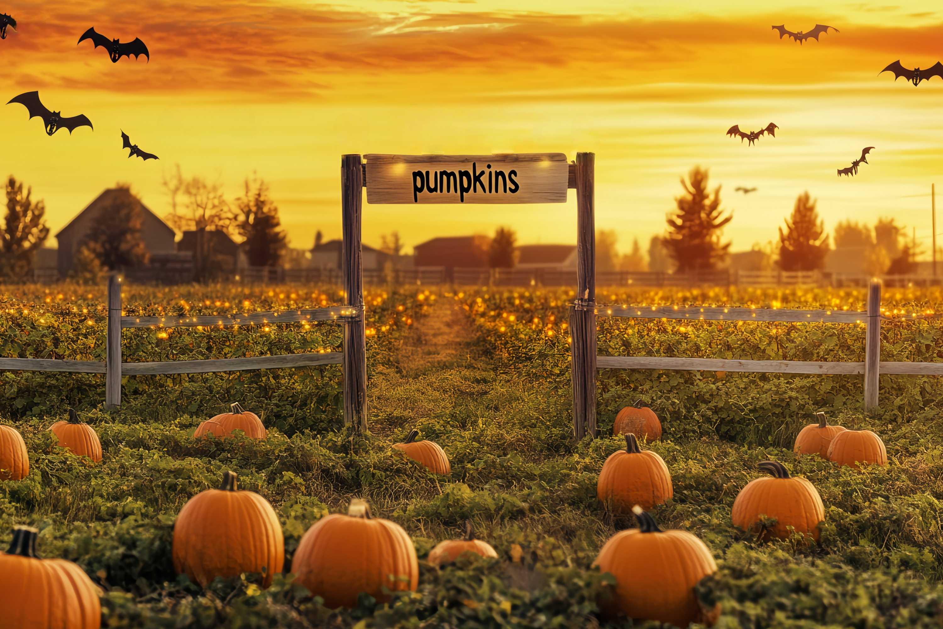 Fond Photo Automne Chauves-Souris Coucher Soleil Champ Citrouilles LXX58-164