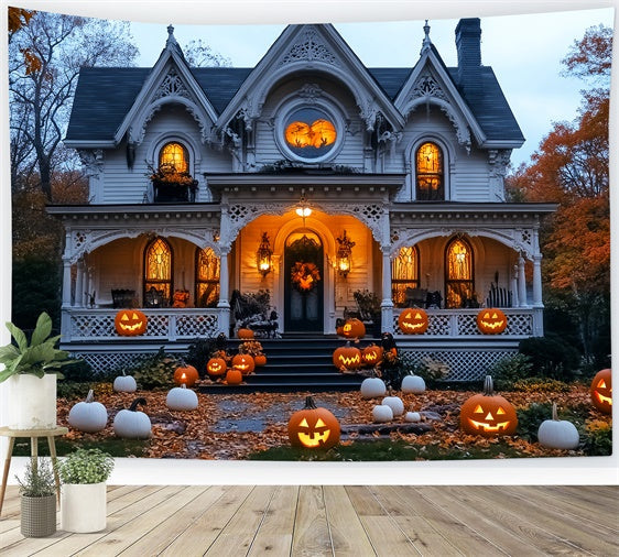 Fond photo halloween Manoir Blanc Citrouille Hantée LXX58-17