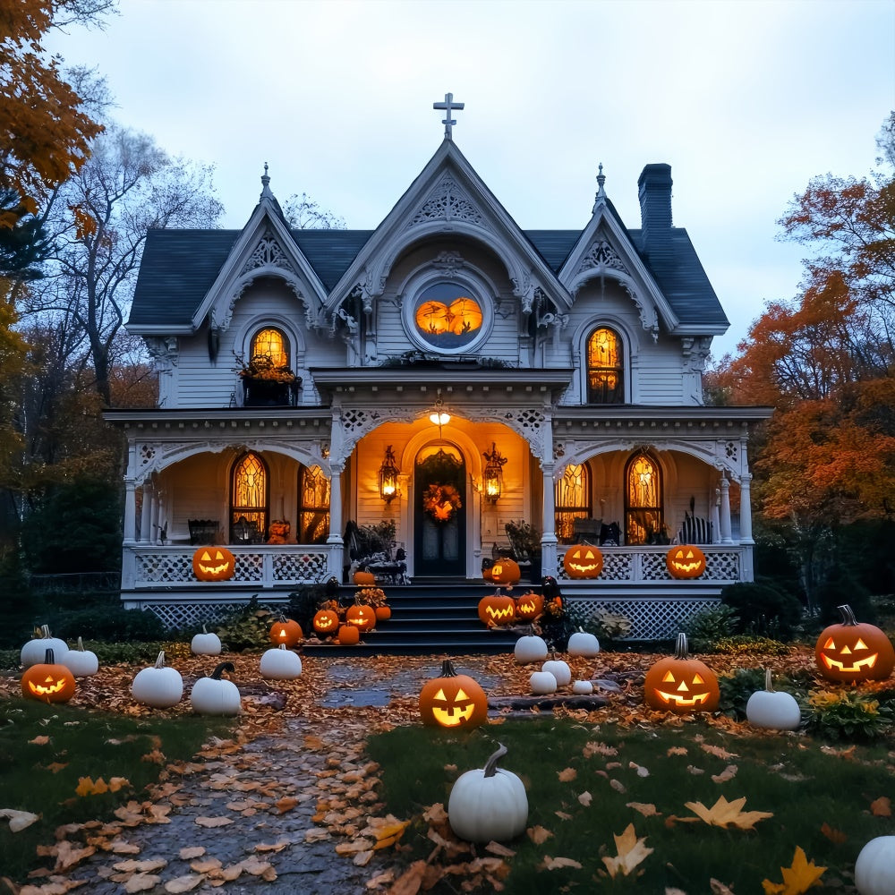 Fond photo halloween Manoir Blanc Citrouille Hantée LXX58-17