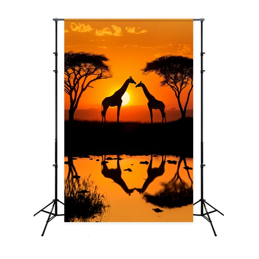 Toile de fond Automne Réflexion Eau Girafe Coucher Soleil LXX58-175