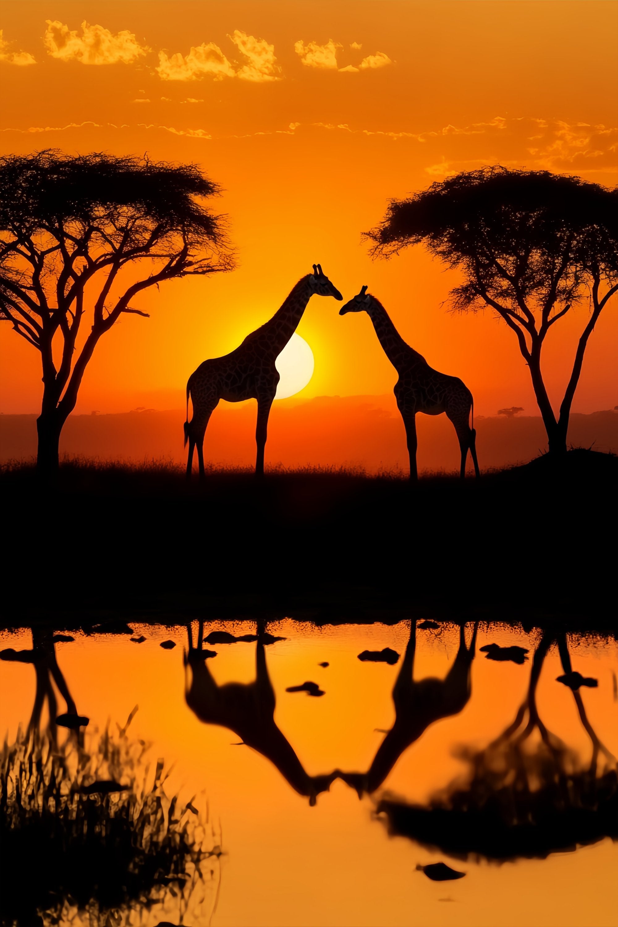 Toile de fond Automne Réflexion Eau Girafe Coucher Soleil LXX58-175