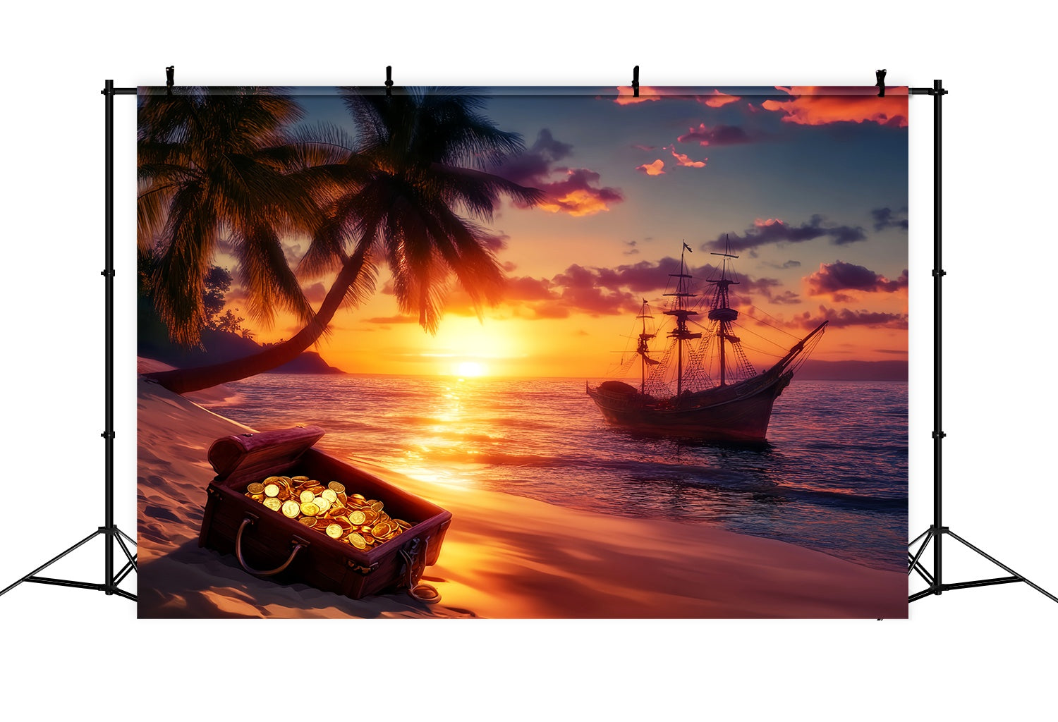 Toile de fond Automne Coucher Soleil Navire Pirate Trésor LXX58-177