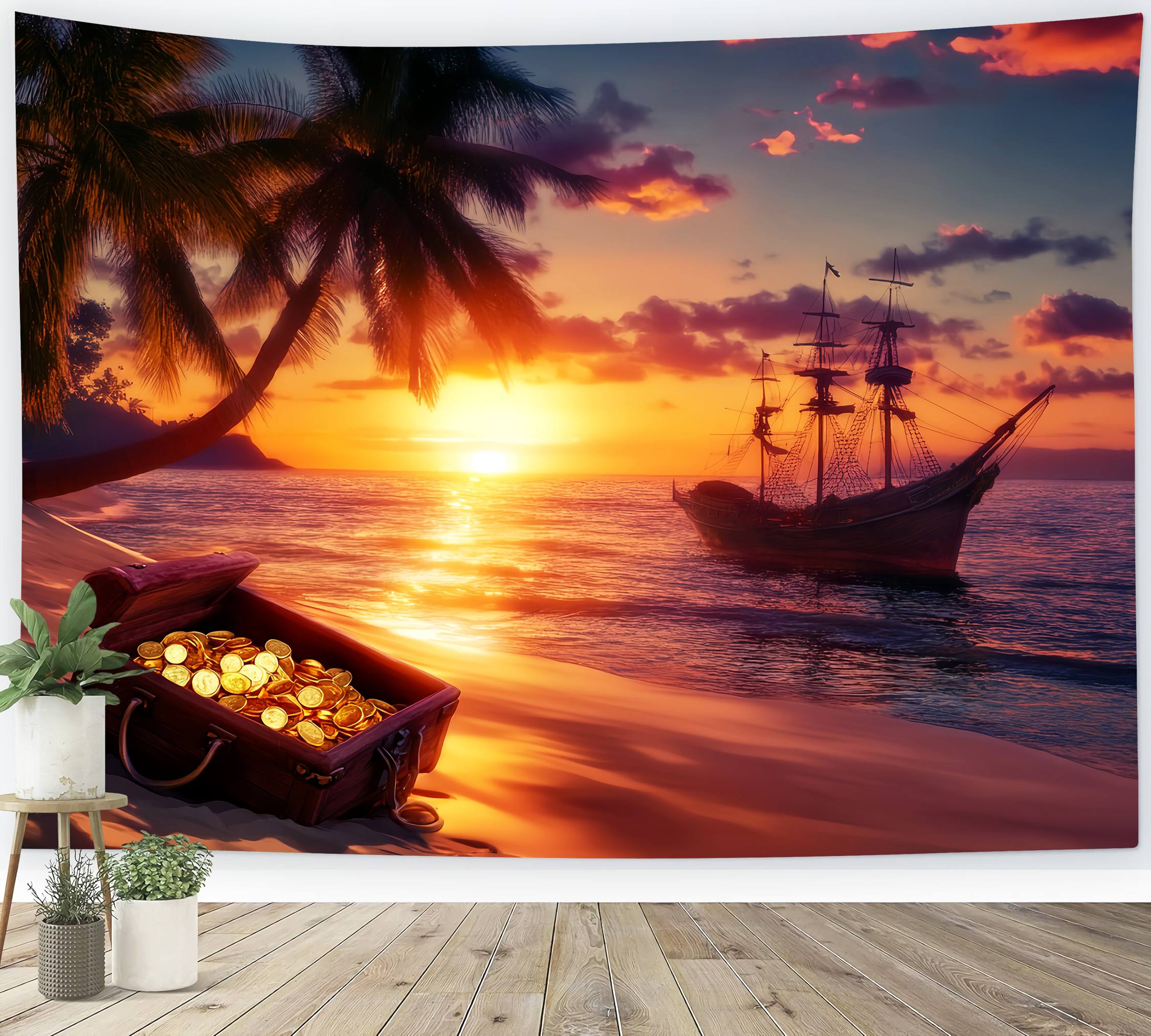 Toile de fond Automne Coucher Soleil Navire Pirate Trésor LXX58-177