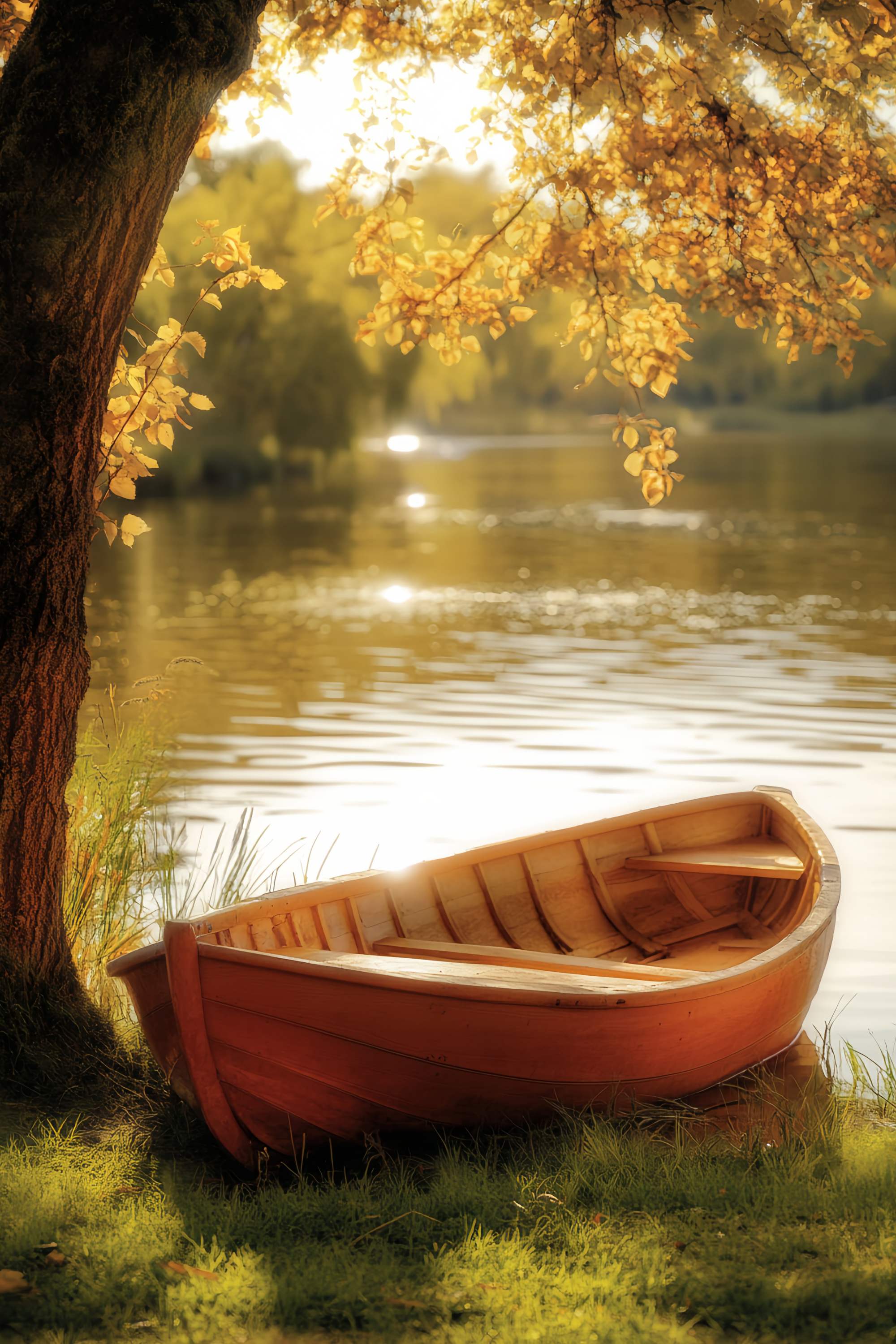 Toile de fond Automne Tranquillité Lac Doré Barque LXX58-180