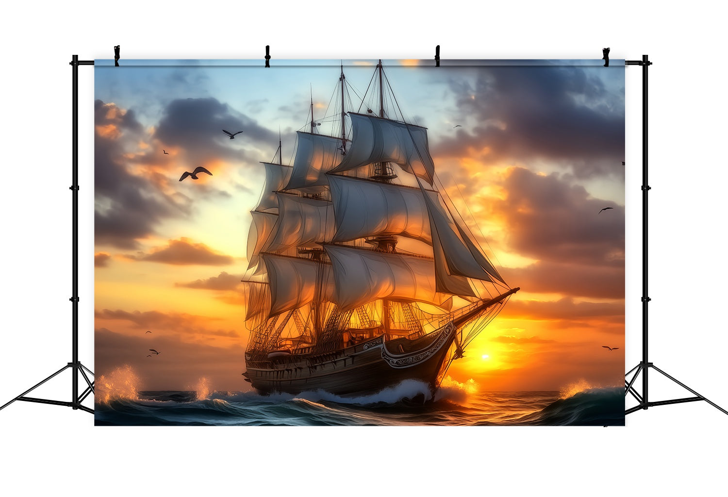 Toile de fond Automne Voyage Coucher Soleil Grand Voilier Majestueux LXX58-184