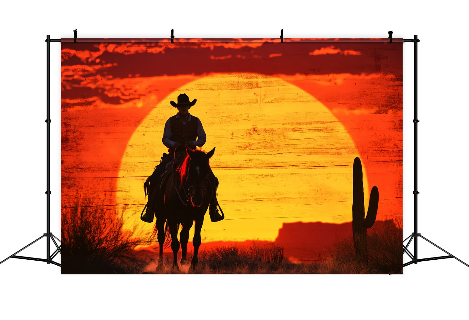 Toile de fond Automne Silhouette Cowboy Coucher Soleil Enflammé LXX58-186