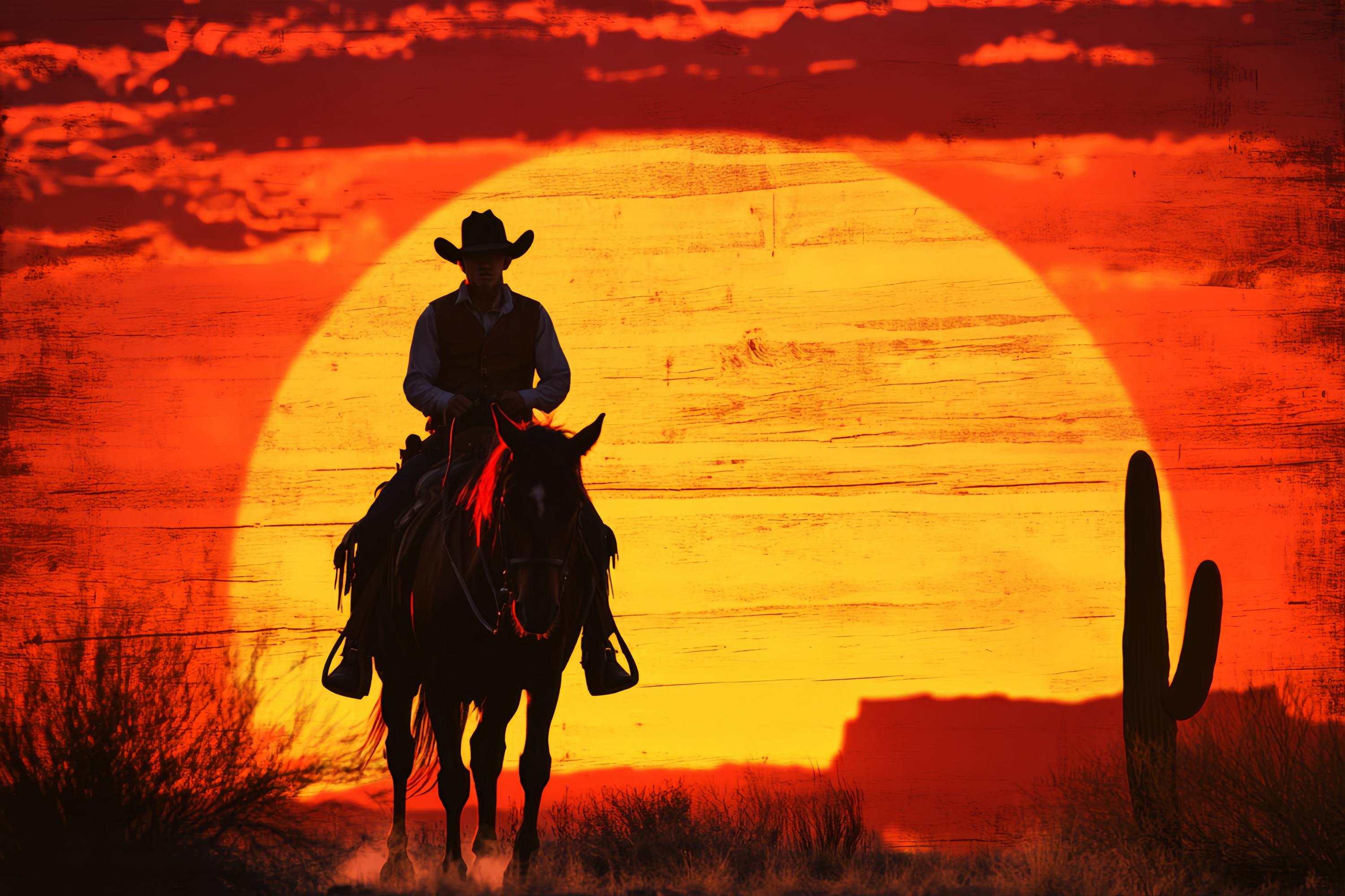 Toile de fond Automne Silhouette Cowboy Coucher Soleil Enflammé LXX58-186