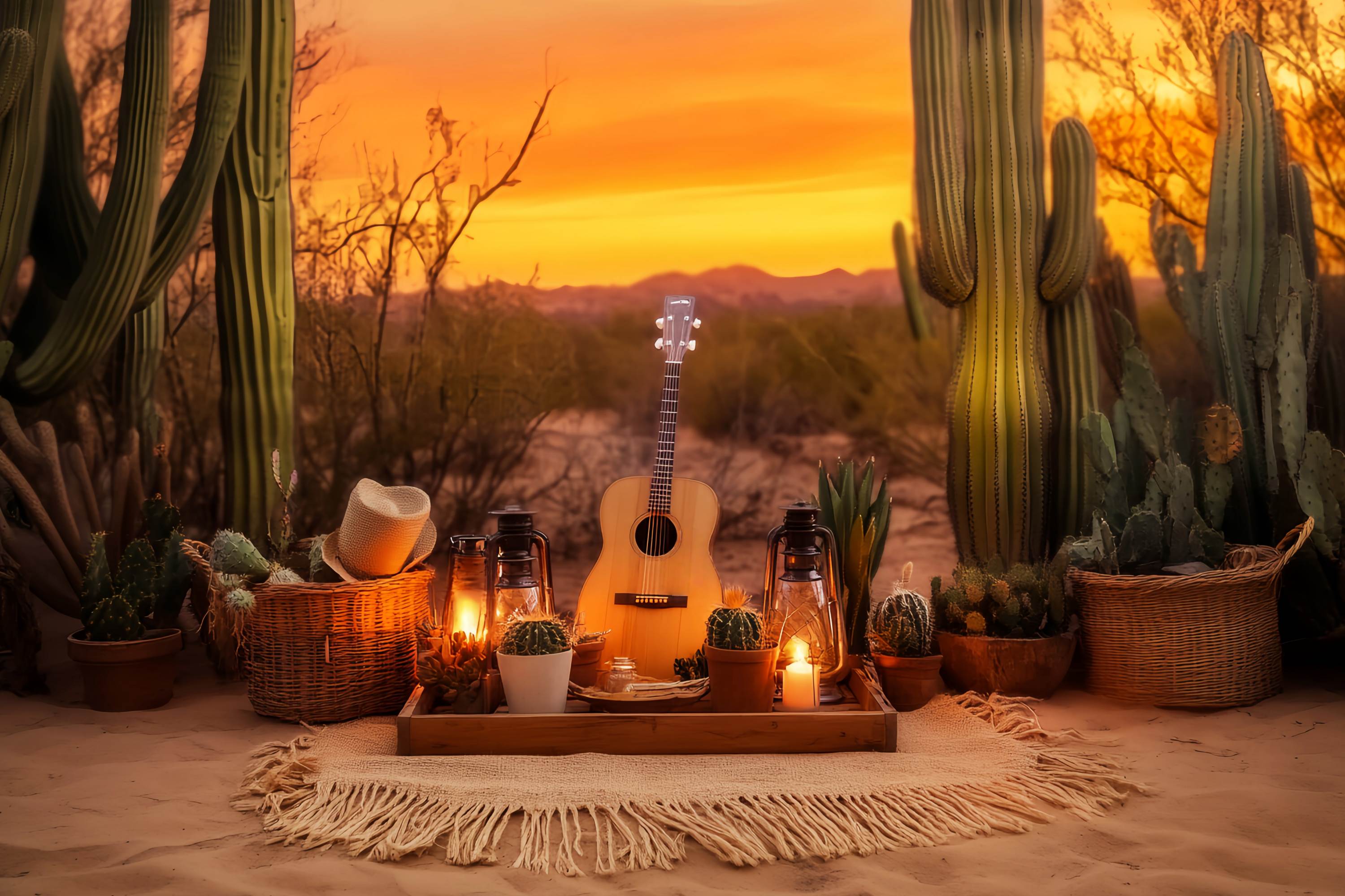 Toile de fond Photo Automne Arrangement Pique-Nique Cactus Coucher Soleil LXX58-194