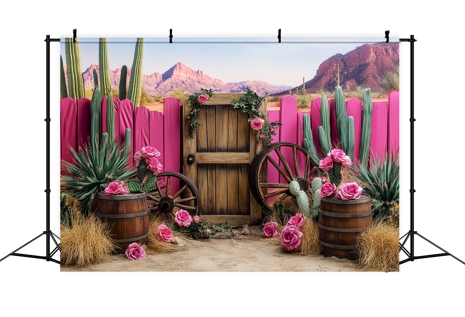 Toile de fond Photo Automne Décor Roue Chariot Cactus Rose LXX58-198