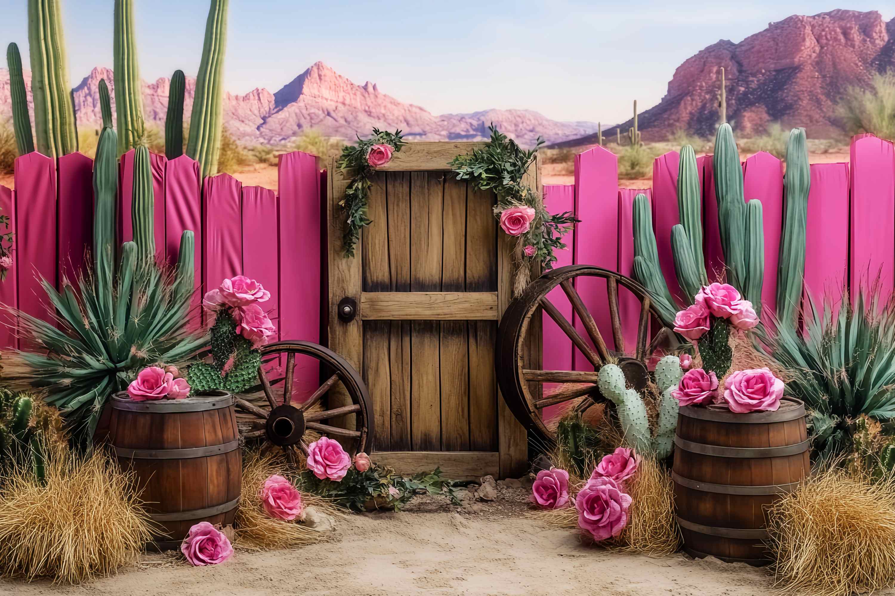 Toile de fond Photo Automne Décor Roue Chariot Cactus Rose LXX58-198