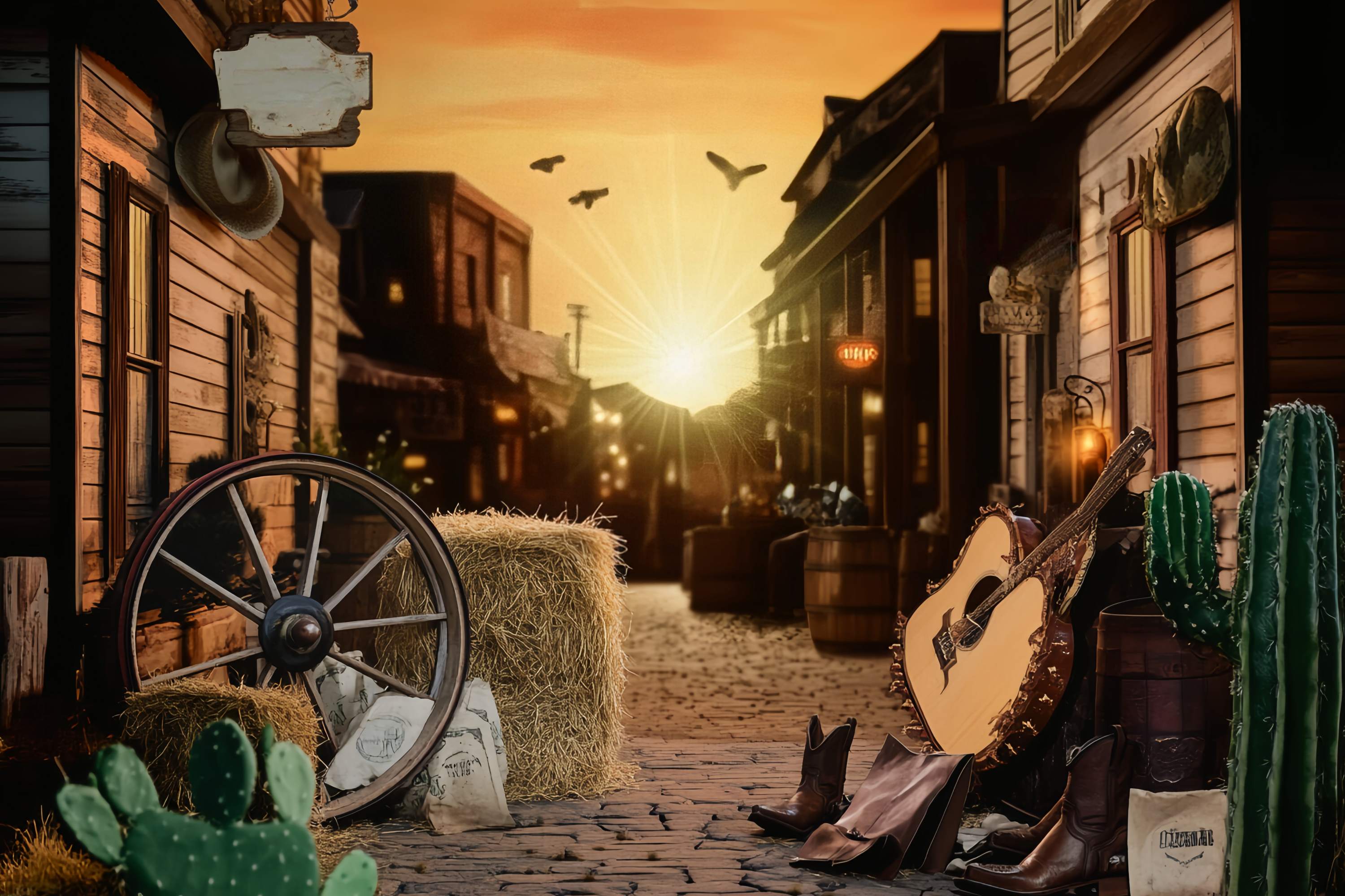 Toile de fond Photo Automne Guitare Rue Western Coucher Soleil LXX58-204