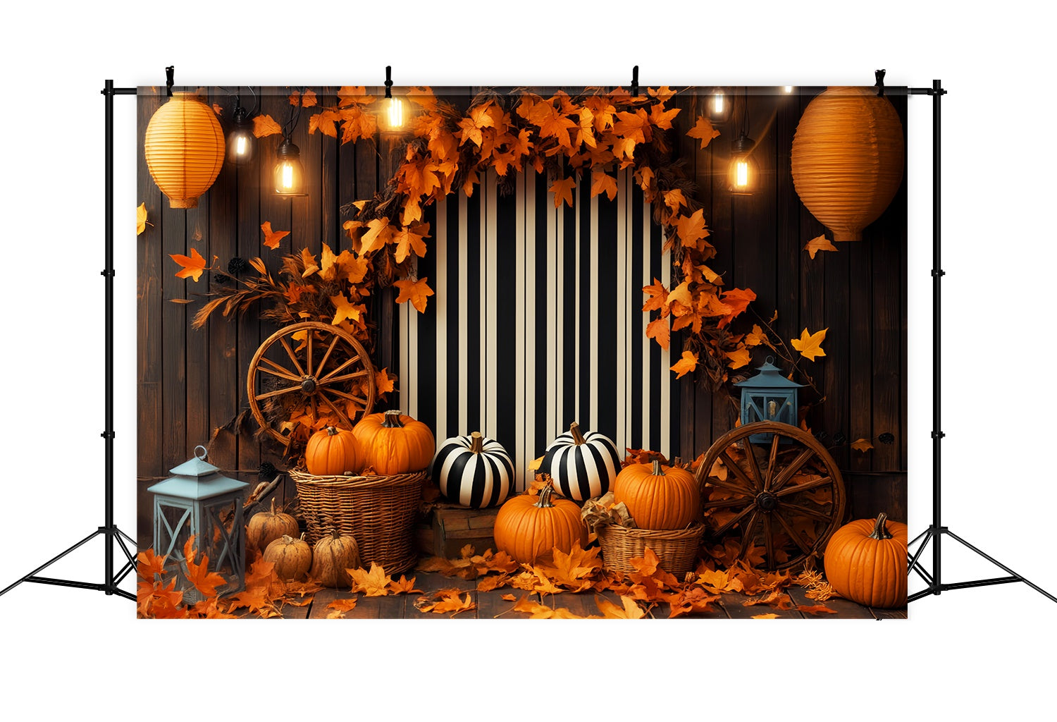 Toile de fond Photo Automne Présentoir Lanterne Citrouille Fond Rayé LXX58-211
