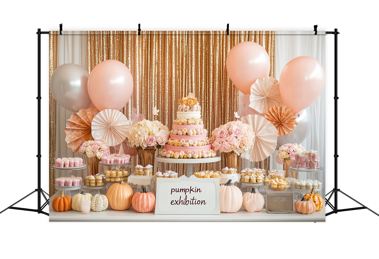 Toile de fond Photo Automne Accents Citrouille Table Dessert Rose LXX58-212