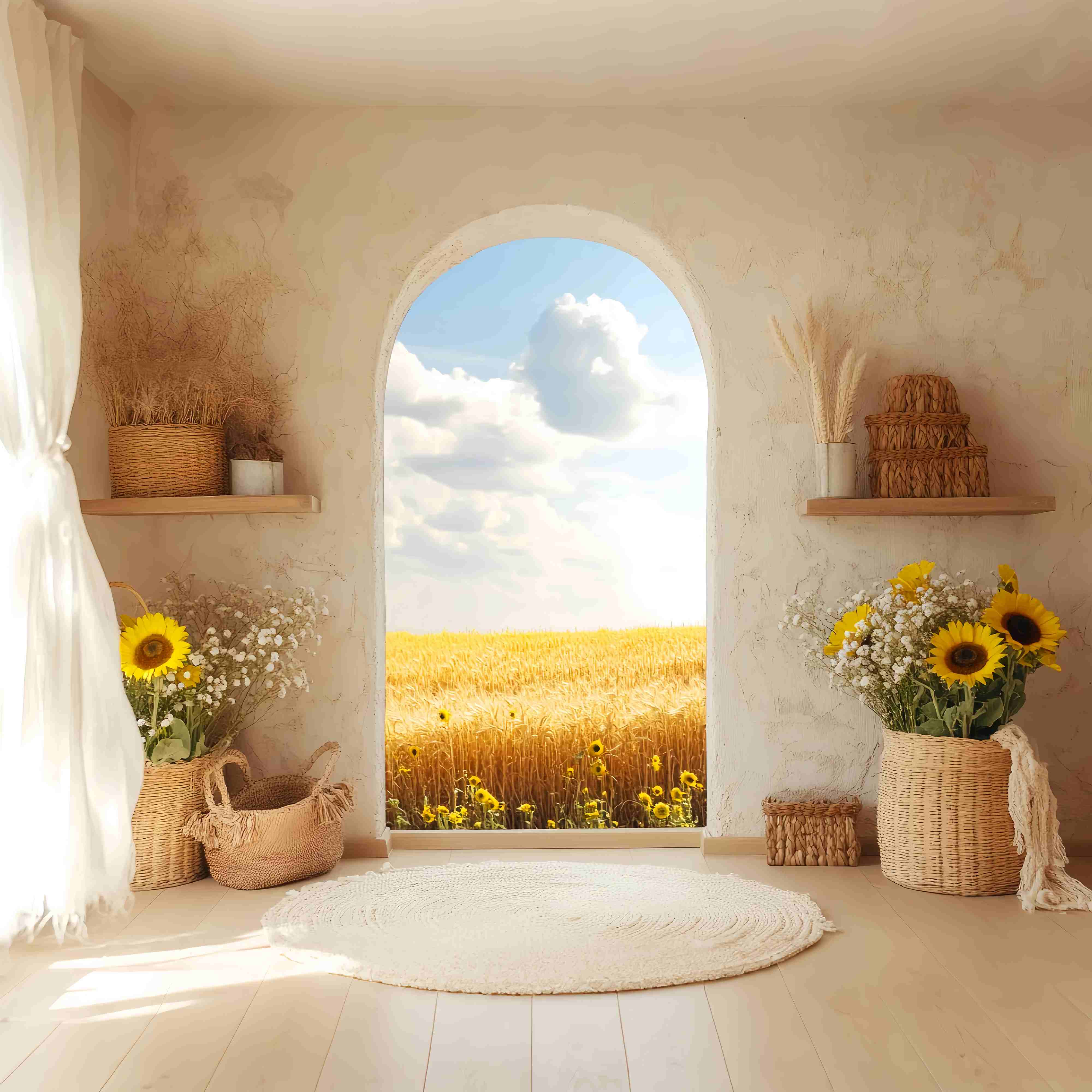 Toile de fond Photo Automne Vue Blé Doré Panier Tournesol LXX58-213