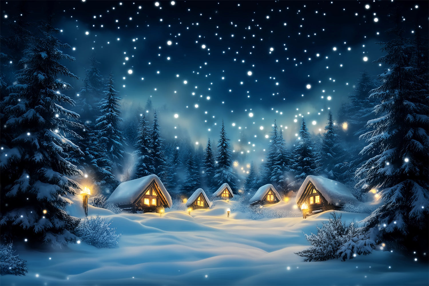 Toile de fond Hiver Cabane Enneigée Forêt Nocturne CSH58-216
