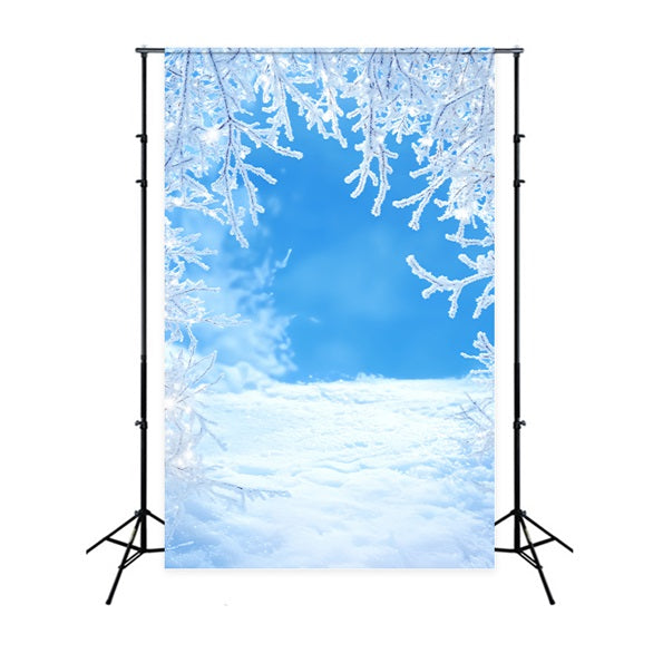Toile de fond Hiver Branches Givrées Ciel Bleu Neige d’Hiver CSH58-217