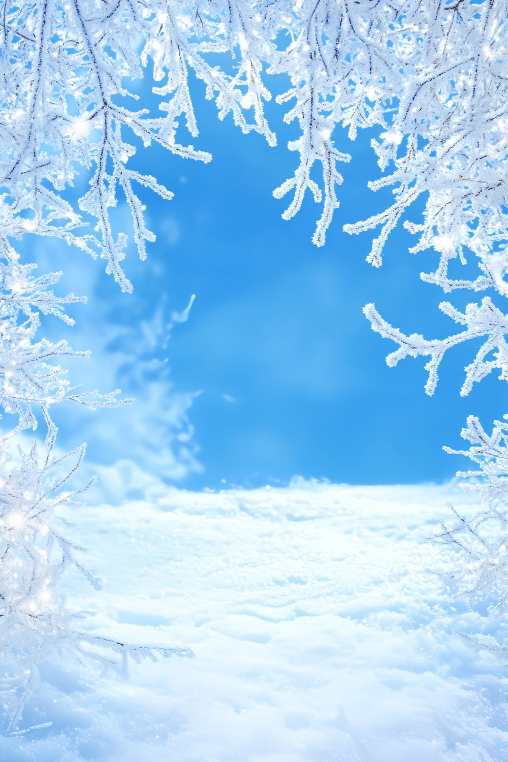 Toile de fond Hiver Branches Givrées Ciel Bleu Neige d’Hiver CSH58-217