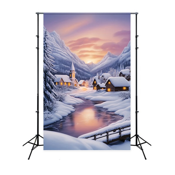 Toile de fond Hiver Village Alpin Neigeux au Coucher du Soleil CSH58-223