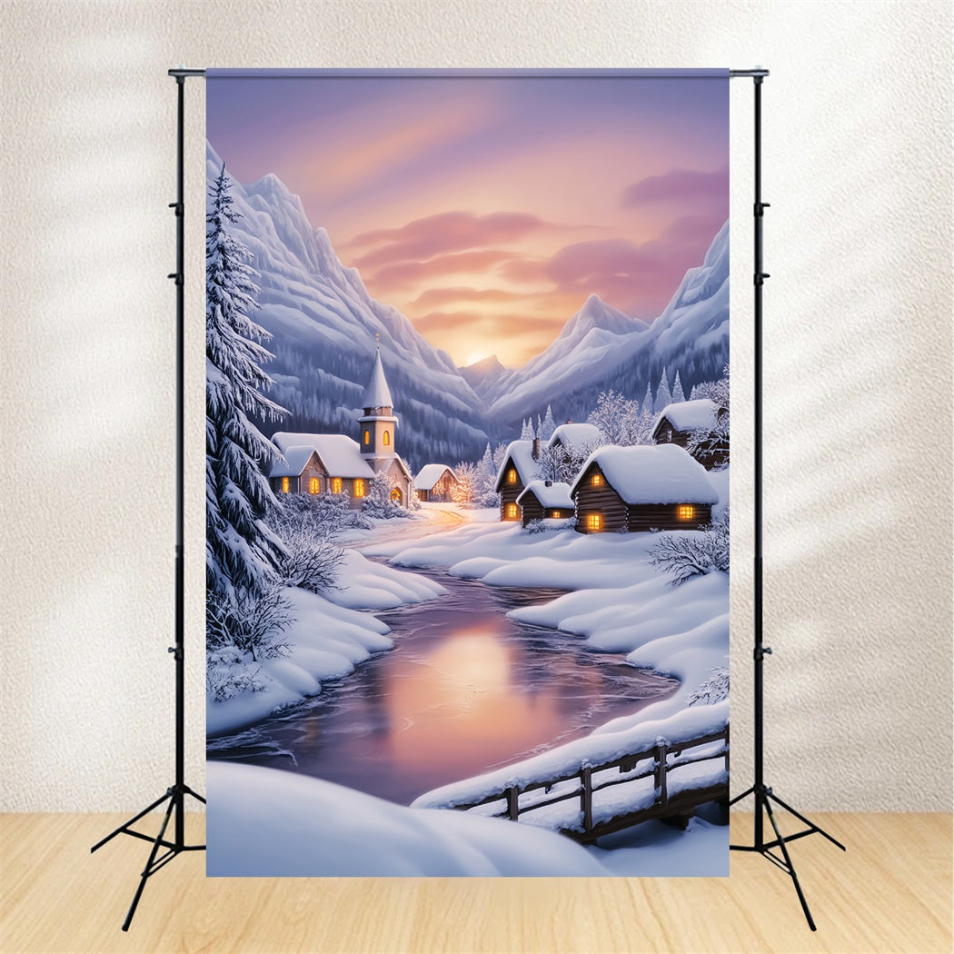 Toile de fond Hiver Village Alpin Neigeux au Coucher du Soleil CSH58-223