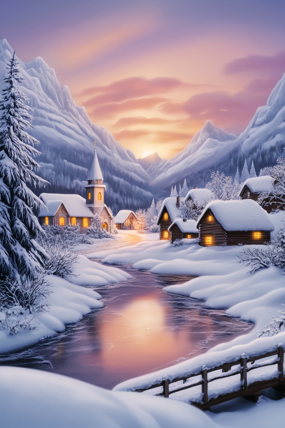 Toile de fond Hiver Village Alpin Neigeux au Coucher du Soleil CSH58-223
