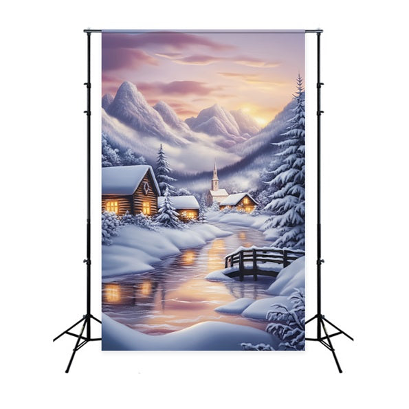 Toile de fond Hiver Village Enneigé et Montagnes au Crépuscule CSH58-224