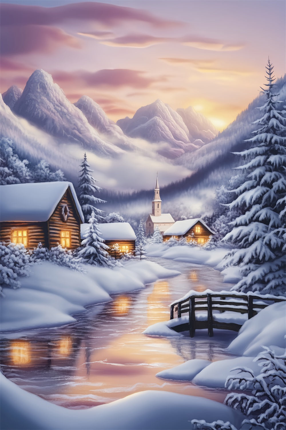 Toile de fond Hiver Village Enneigé et Montagnes au Crépuscule CSH58-224