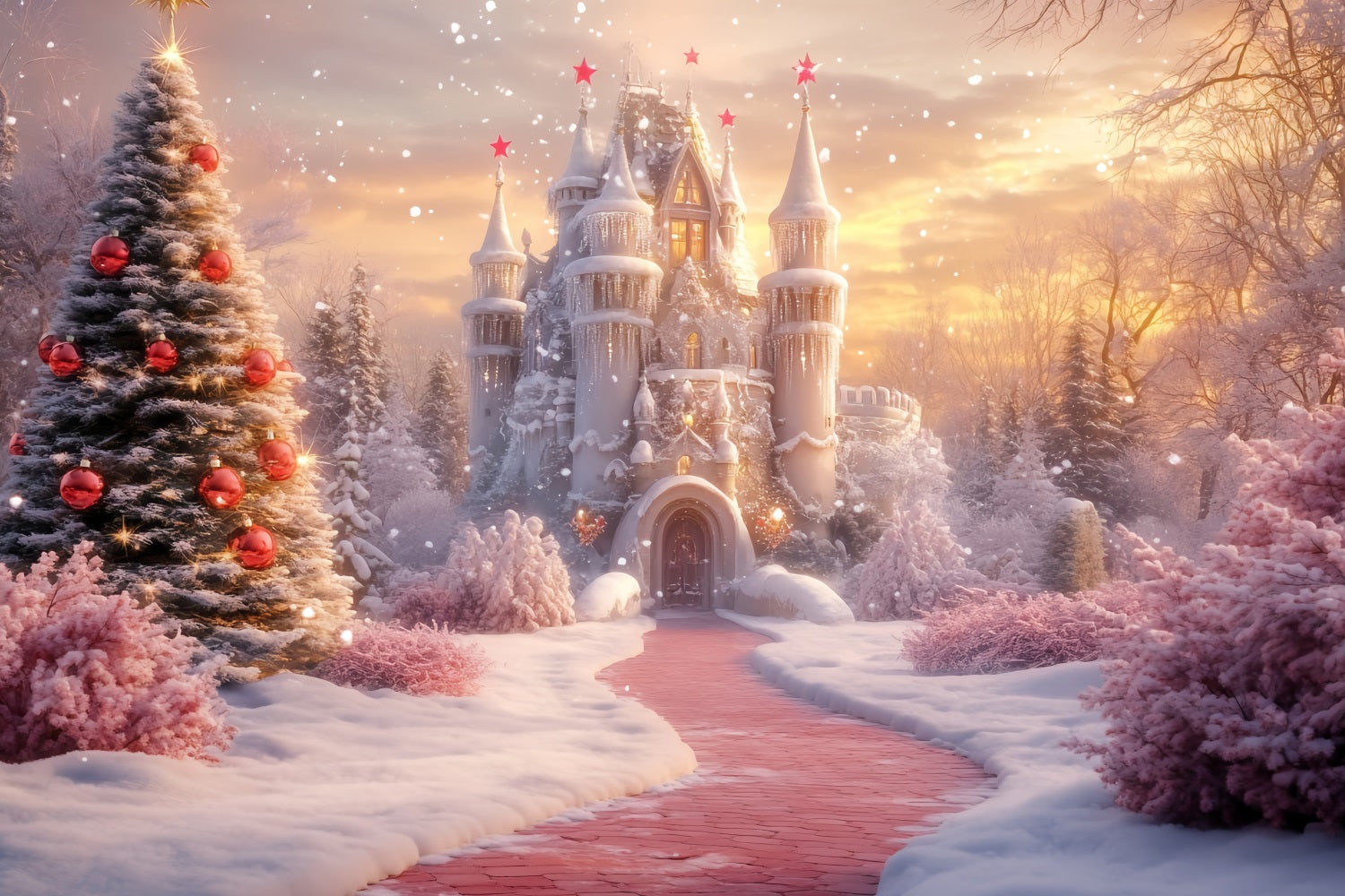 Toile de fond Hiver Château de Noël Sentier Neigeux CSH58-228