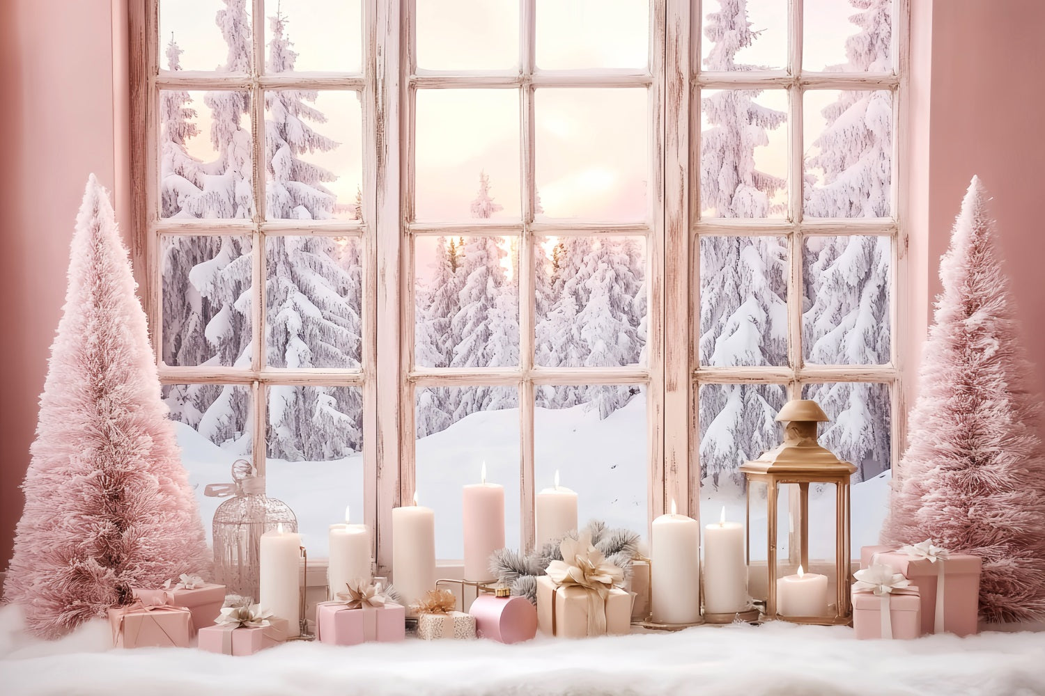 Toile de fond Hiver Fenêtre Givrée à la Lueur Rose des Bougies CSH58-234