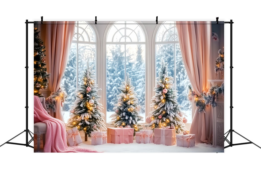 Toile de fond Hiver Cadeau Rose Sapins de Noël Givrés CSH58-236