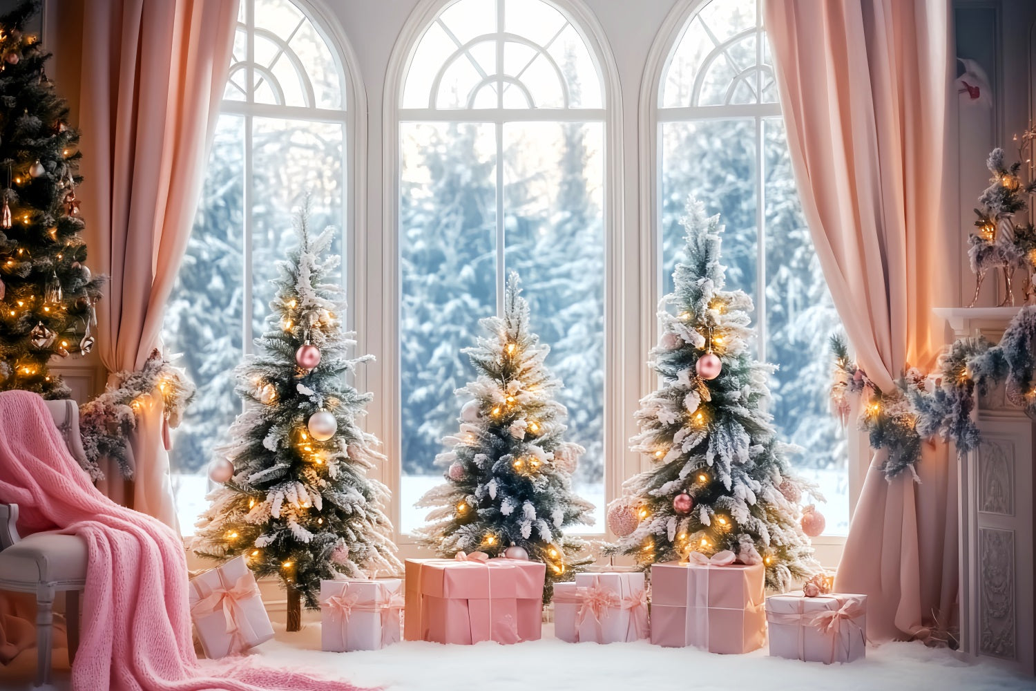 Toile de fond Hiver Cadeau Rose Sapins de Noël Givrés CSH58-236