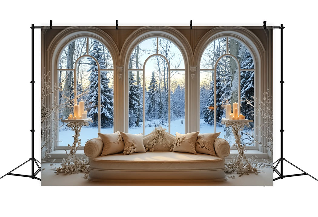 Toile de fond Hiver Fenêtre Enneigée Lueur Dorée des Bougies CSH58-237