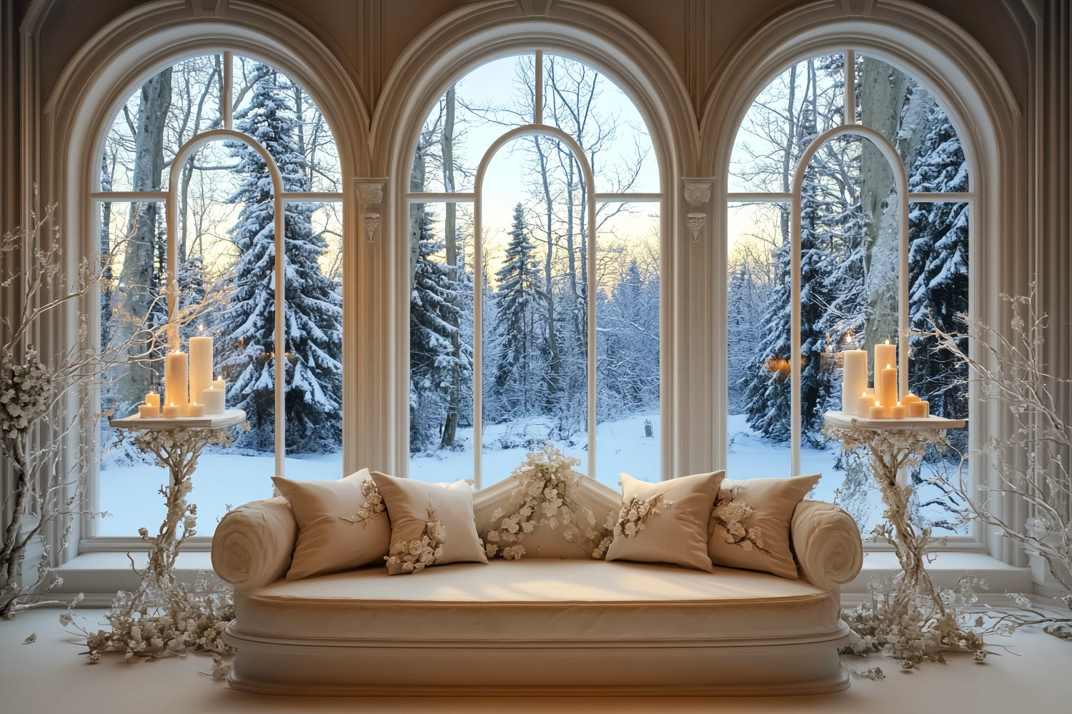 Toile de fond Hiver Fenêtre Enneigée Lueur Dorée des Bougies CSH58-237