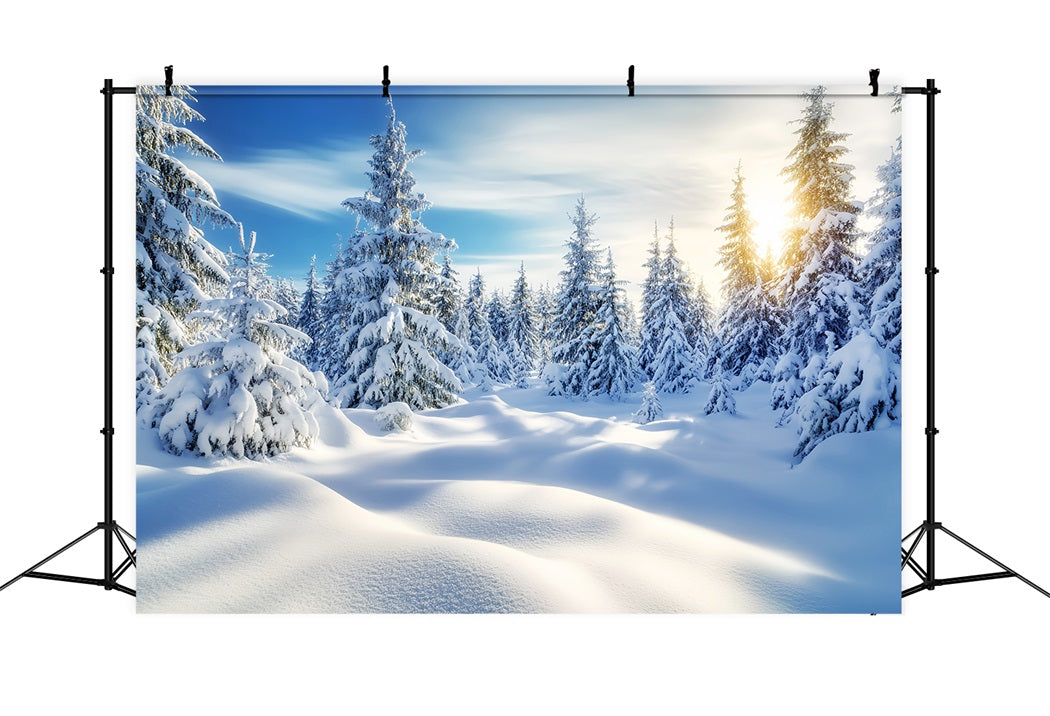 Toile de fond Hiver Lever de Soleil Doré Forêt Enneigée CSH58-239