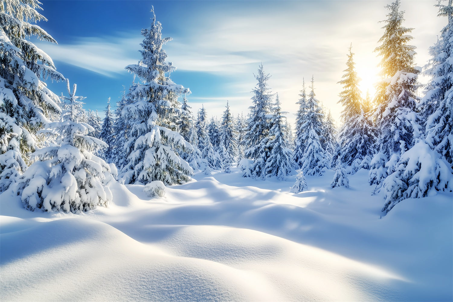 Toile de fond Hiver Lever de Soleil Doré Forêt Enneigée CSH58-239