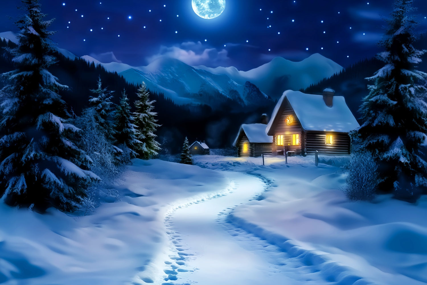 Toile de fond Hiver Chemin de Cabane Enneigé au Clair de Lune CSH58-244