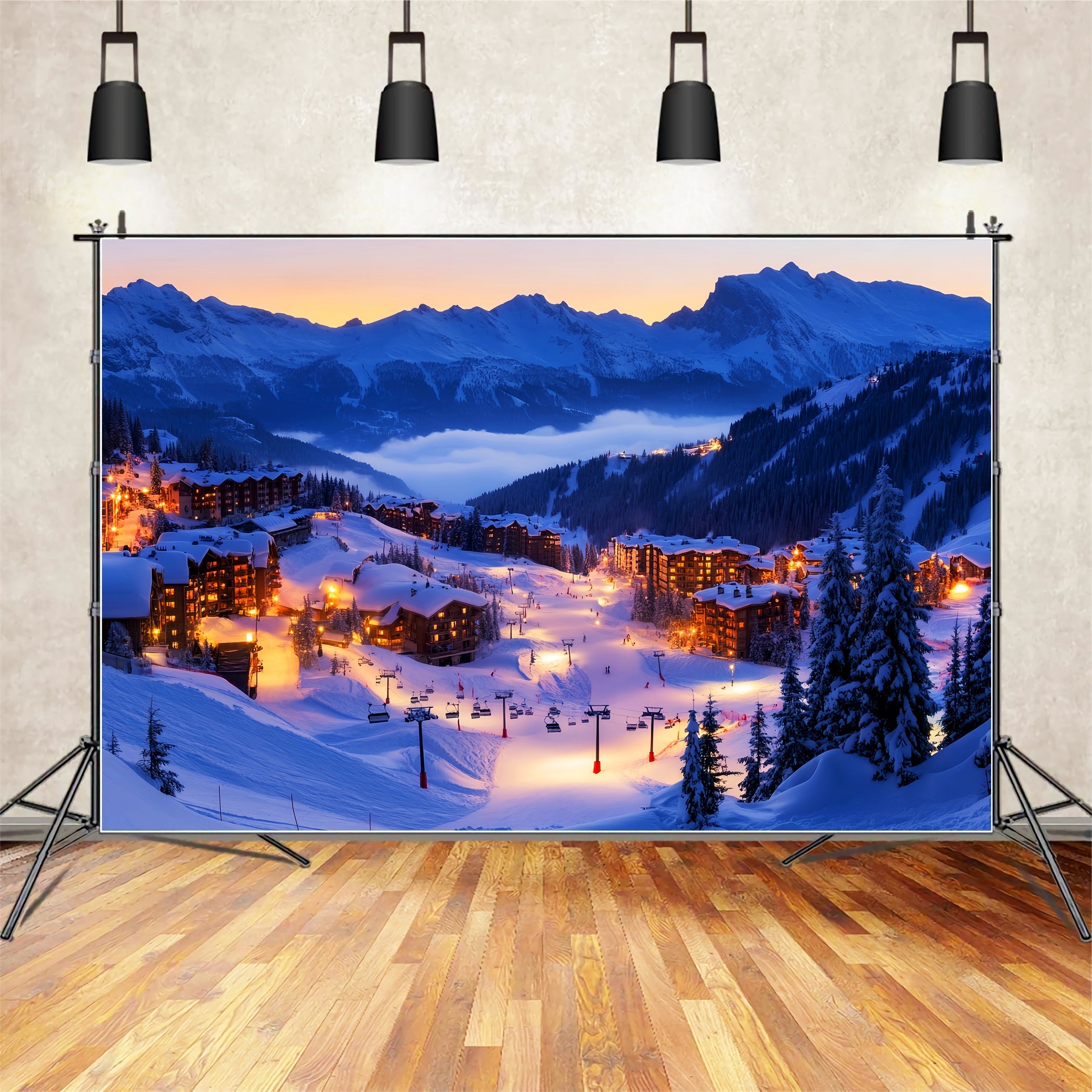 Toile de fond Hiver Village de Ski Alpin Illuminé CSH58-245