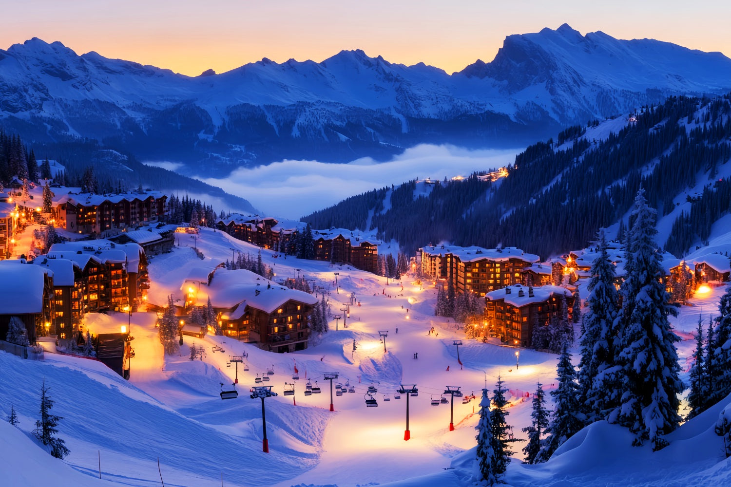 Toile de fond Hiver Village de Ski Alpin Illuminé CSH58-245