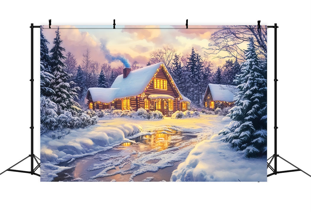 Toile de fond Photo Hiver Cabane en Rondins Lueur Dorée CSH58-246