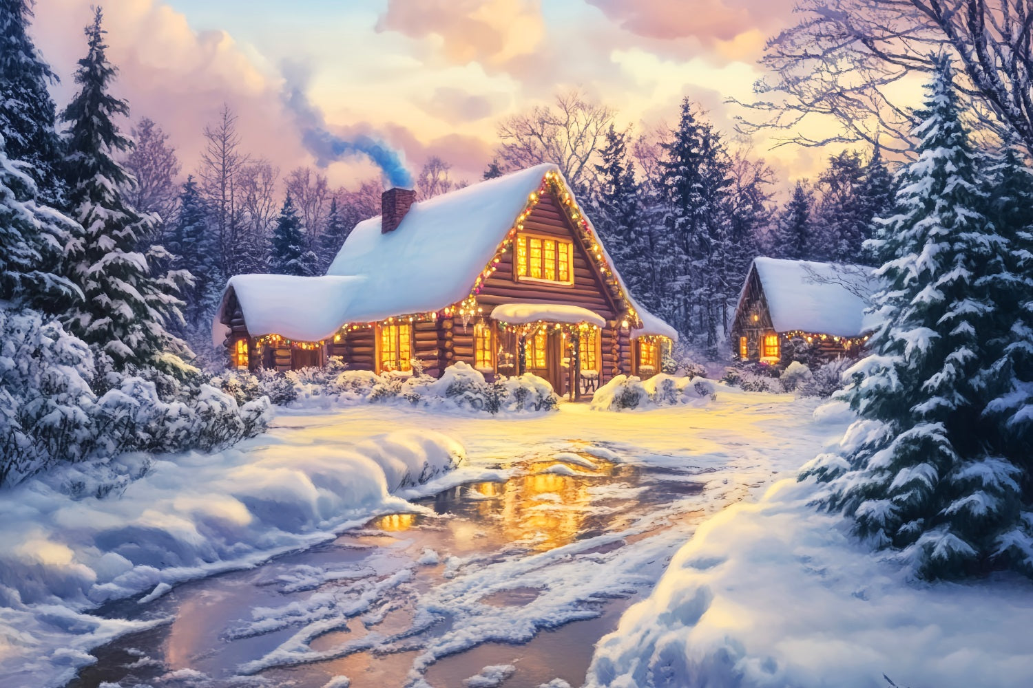 Toile de fond Photo Hiver Cabane en Rondins Lueur Dorée CSH58-246