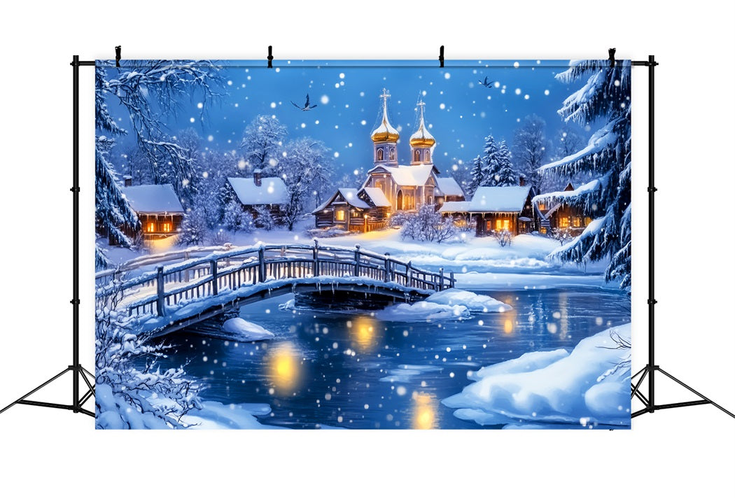 Toile de fond Hiver Pont Enneigé Église du Village CSH58-247