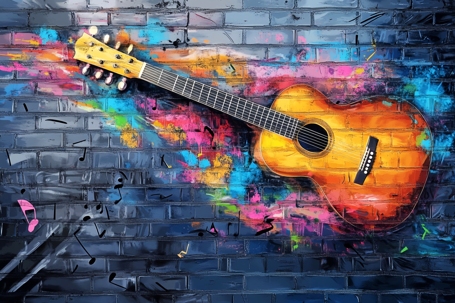 Fond Photo Graffiti Mur Guitare Acoustique Colorée Éclaboussures LXX58-257
