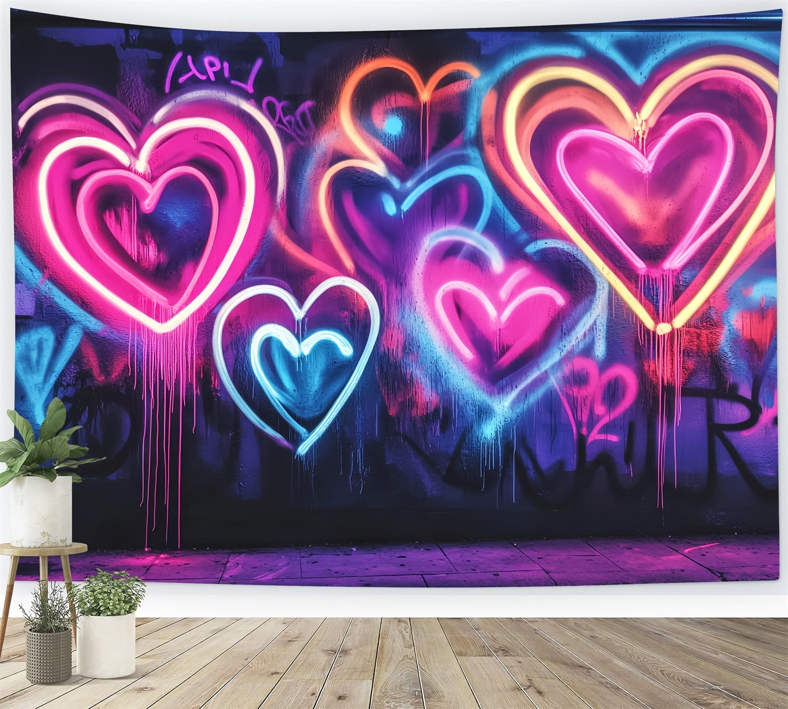 Fond Photo Graffiti Mur Formes Cœurs Néon Lumineux LXX58-262