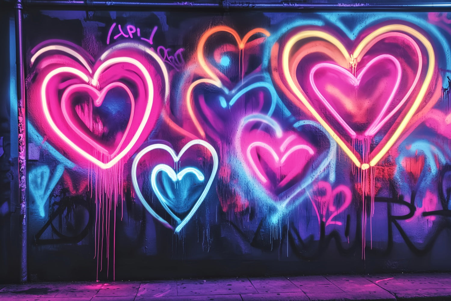 Fond Photo Graffiti Mur Formes Cœurs Néon Lumineux LXX58-262