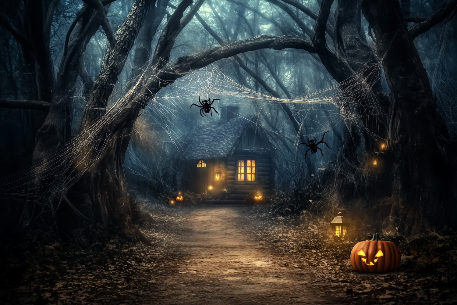 Toile de fond Forêt Hantée Lanterne Citrouille Cabane Hantée Halloween LXX58-272