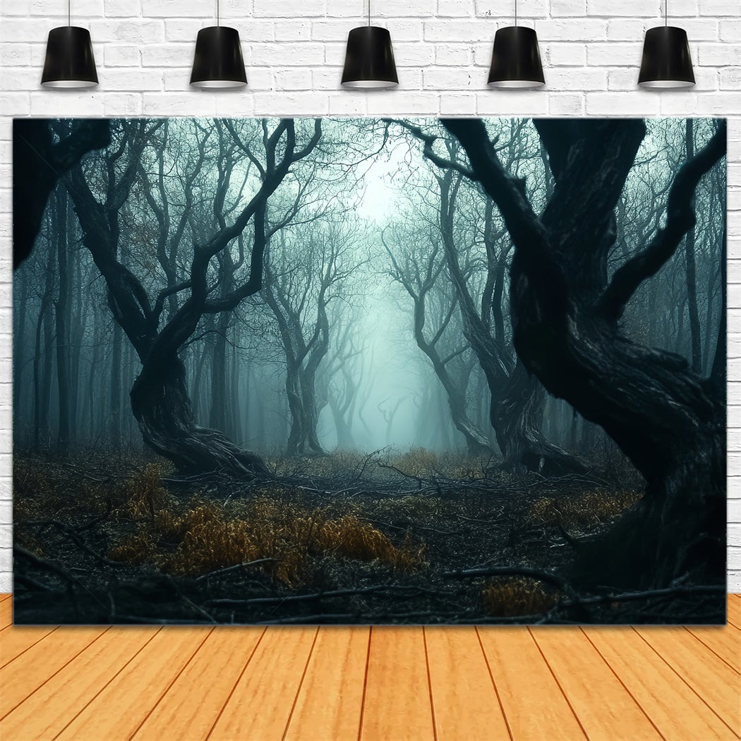 Toile de fond Forêt Hantée Arbres Brume Tordus Sombres Photographie LXX58-273
