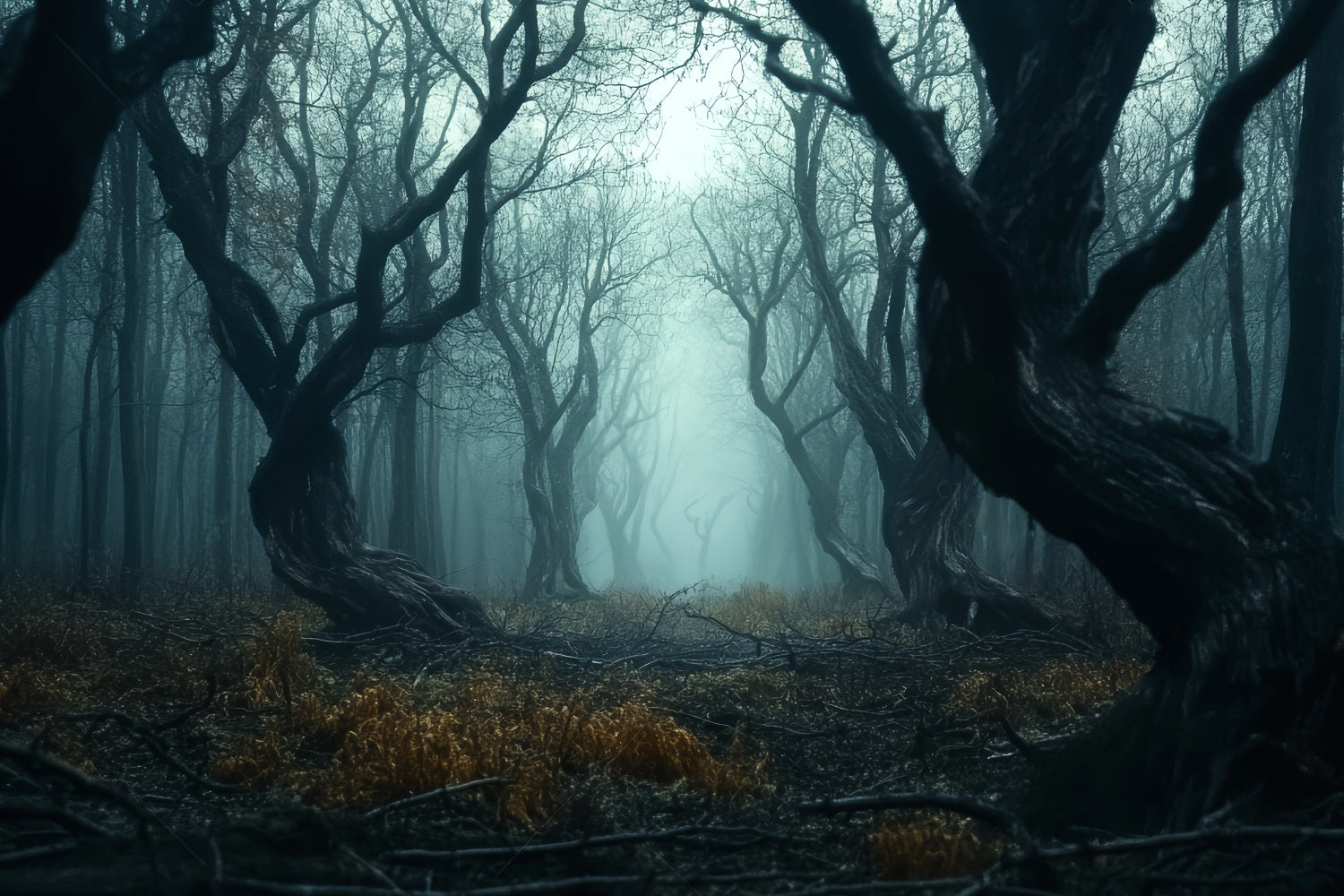 Toile de fond Forêt Hantée Arbres Brume Tordus Sombres Photographie LXX58-273