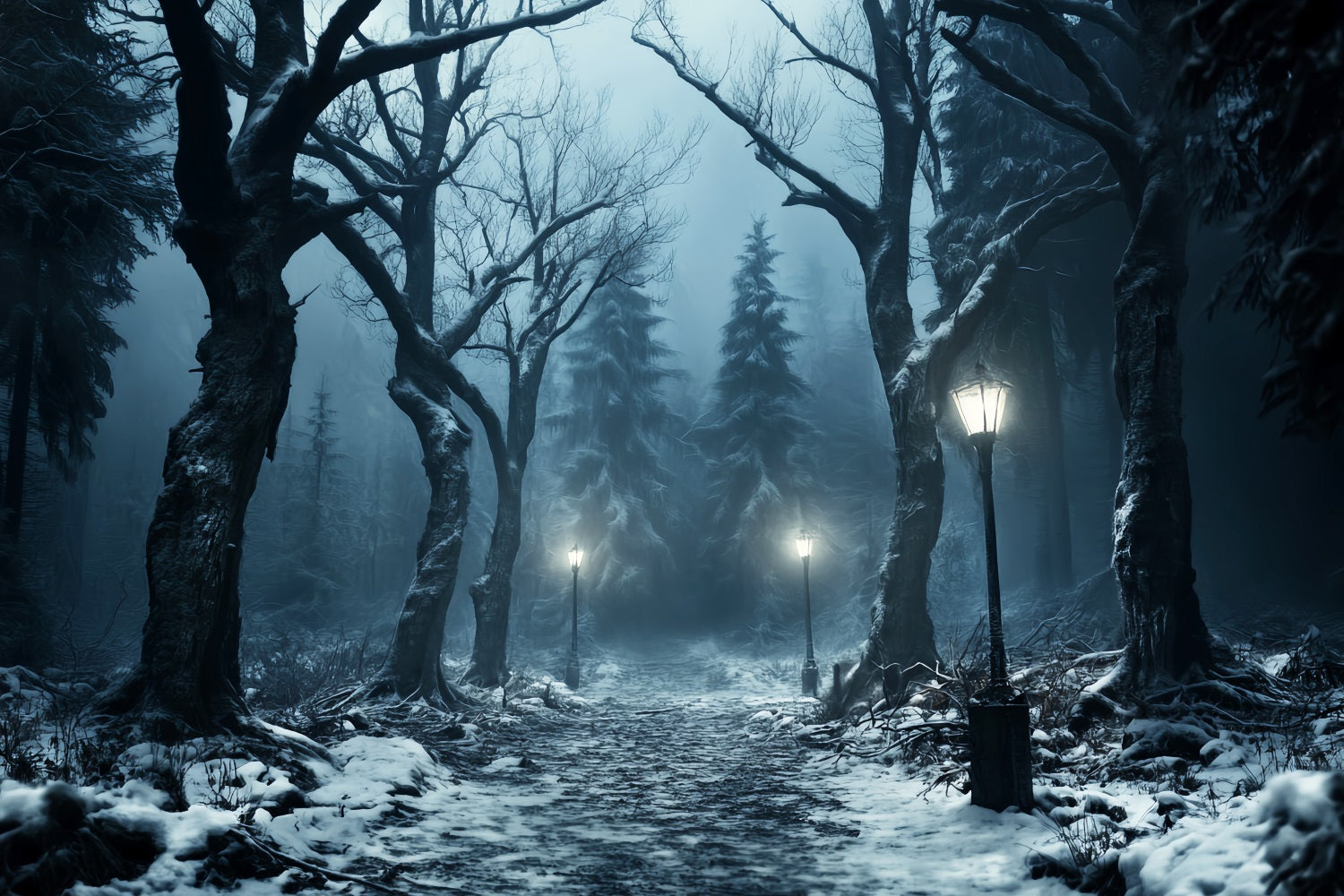 Toile de fond Forêt Hivernale Sentier Neigeux Lueur Lanterne LXX58-274