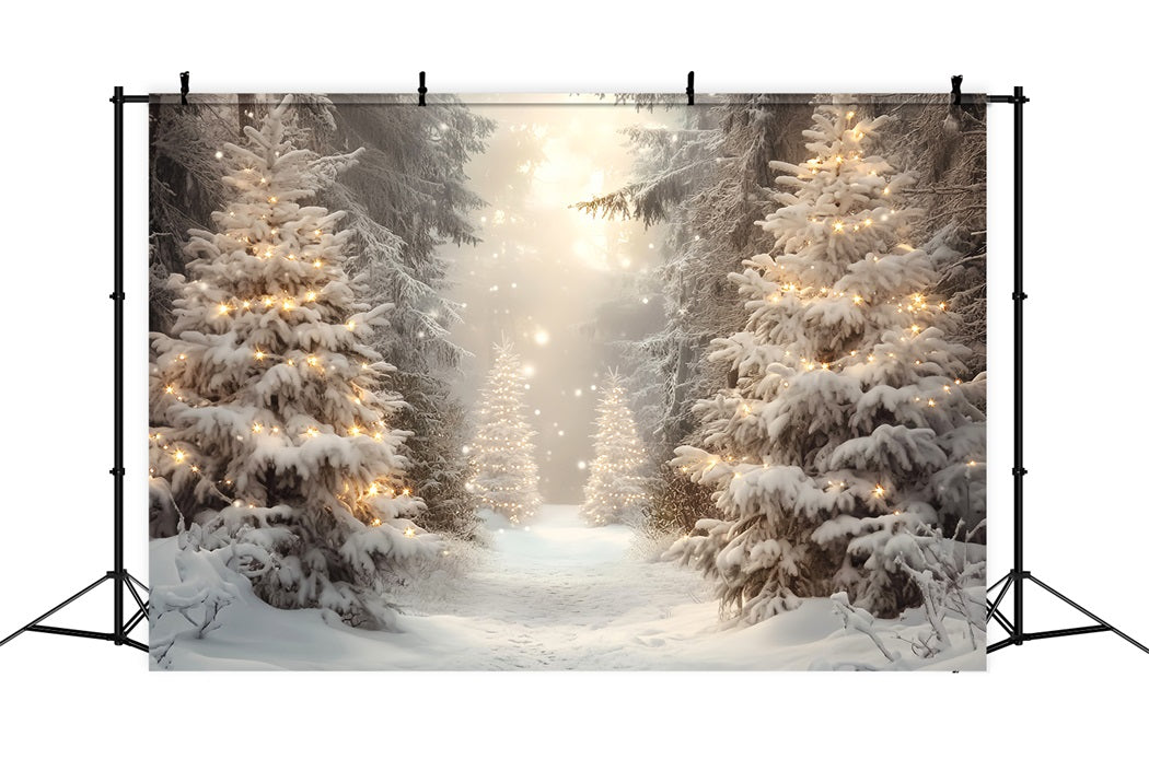 Toile de fond Forêt Hivernale Lumière Dorée Pins de Noël Neigeux LXX58-275
